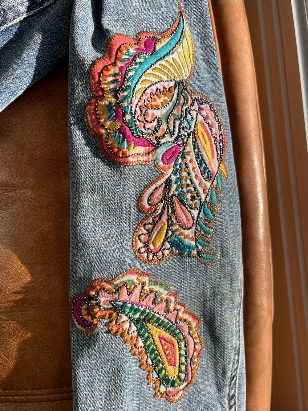 CHICOS Embroidered Denim Jacket sz 1 (8) - Picture 8 of 10